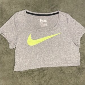 NIKE Women’s Short/Crop Tshirt- size Medium - Gray with Lime Green Swoosh